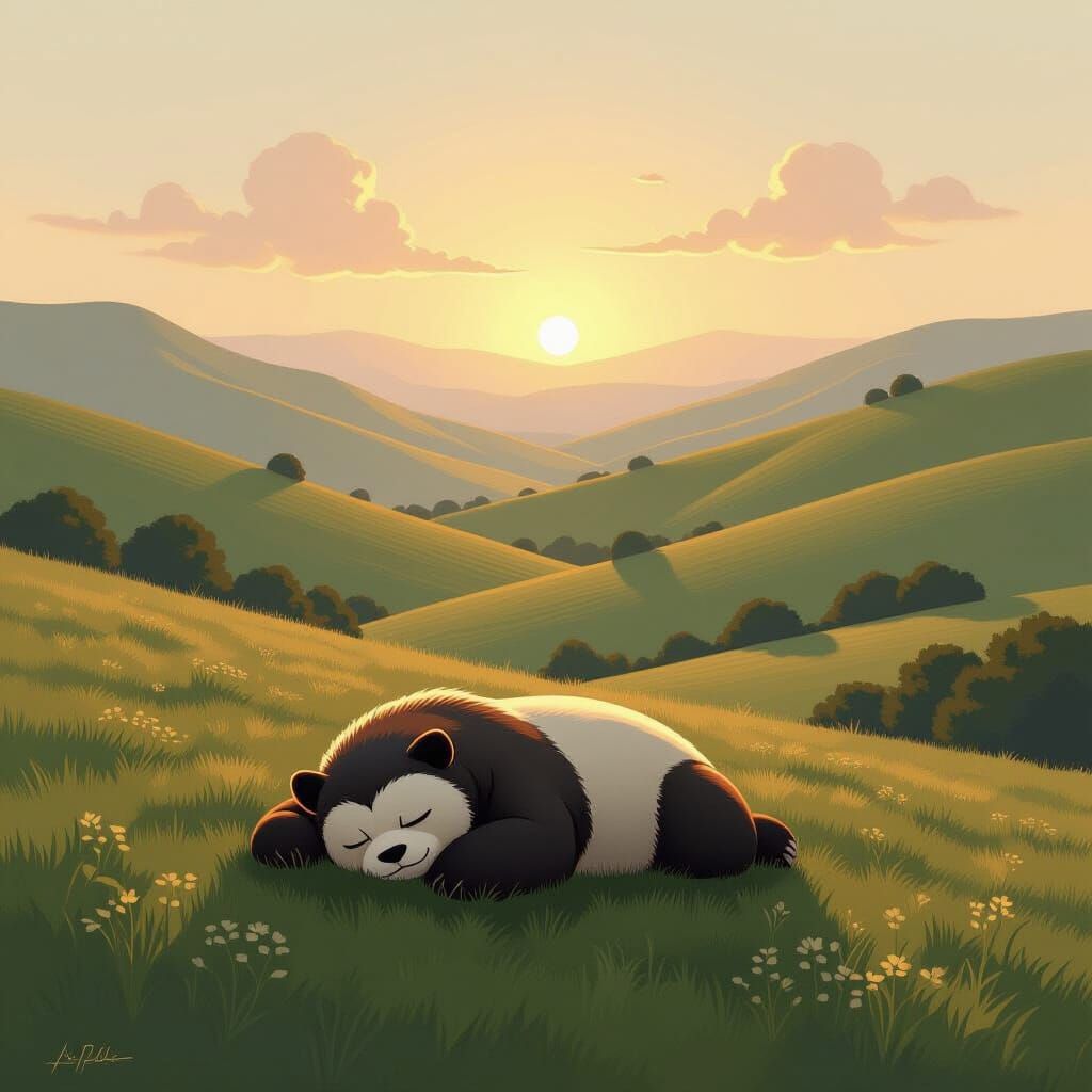 Snorlax Sleeps in Golden Dawn Hills Oil Painting