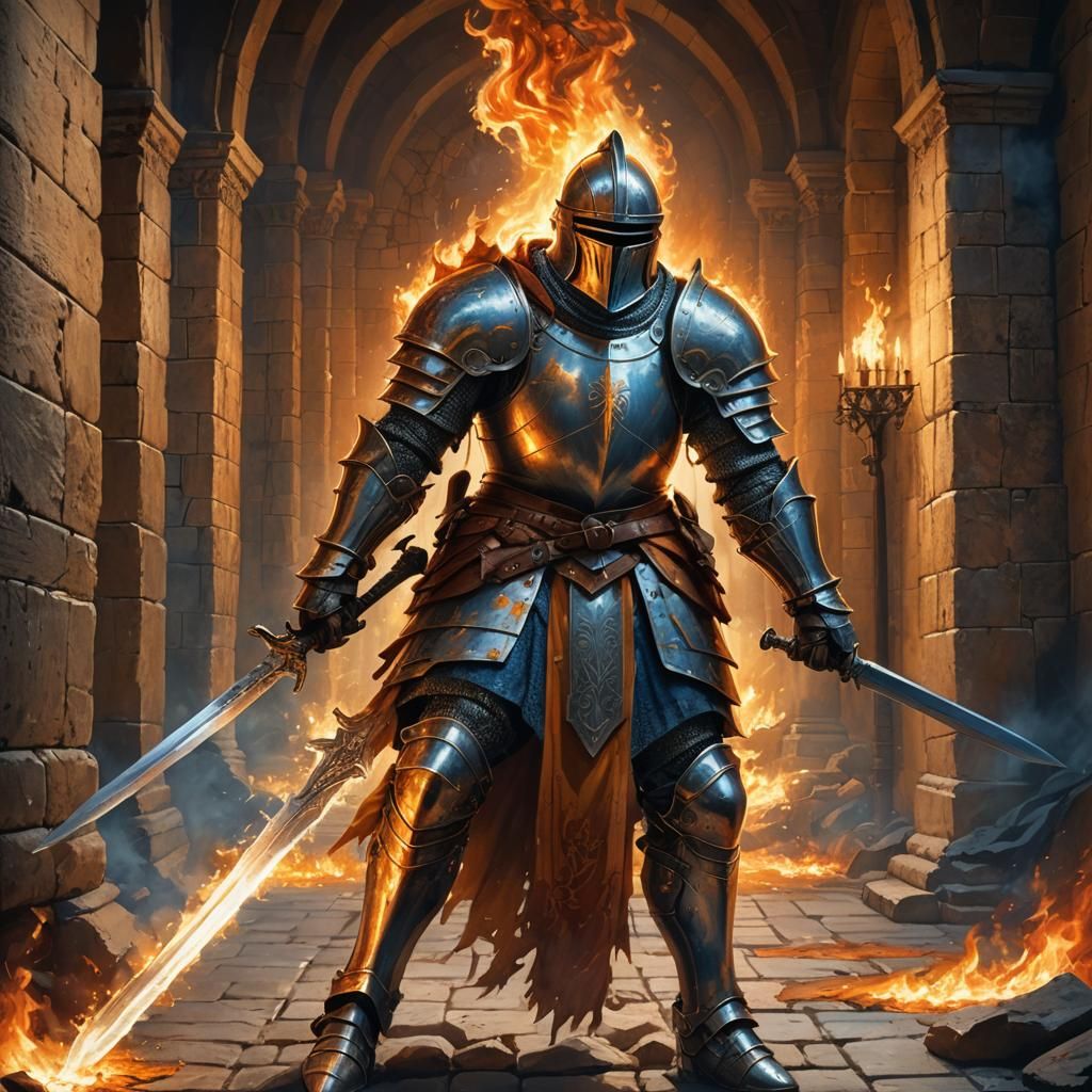 Knight Training in Burning Castle, Matte Painting