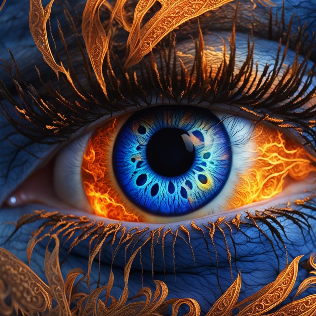 Radiant Blue Eye with Fire Dancer, Detailed Fantasy Art