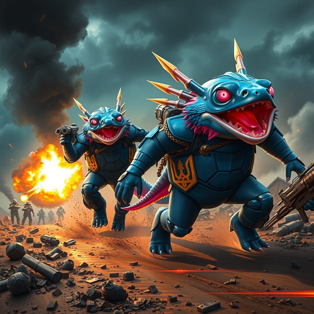 Cyberpunk Axolotl Warriors in Battle