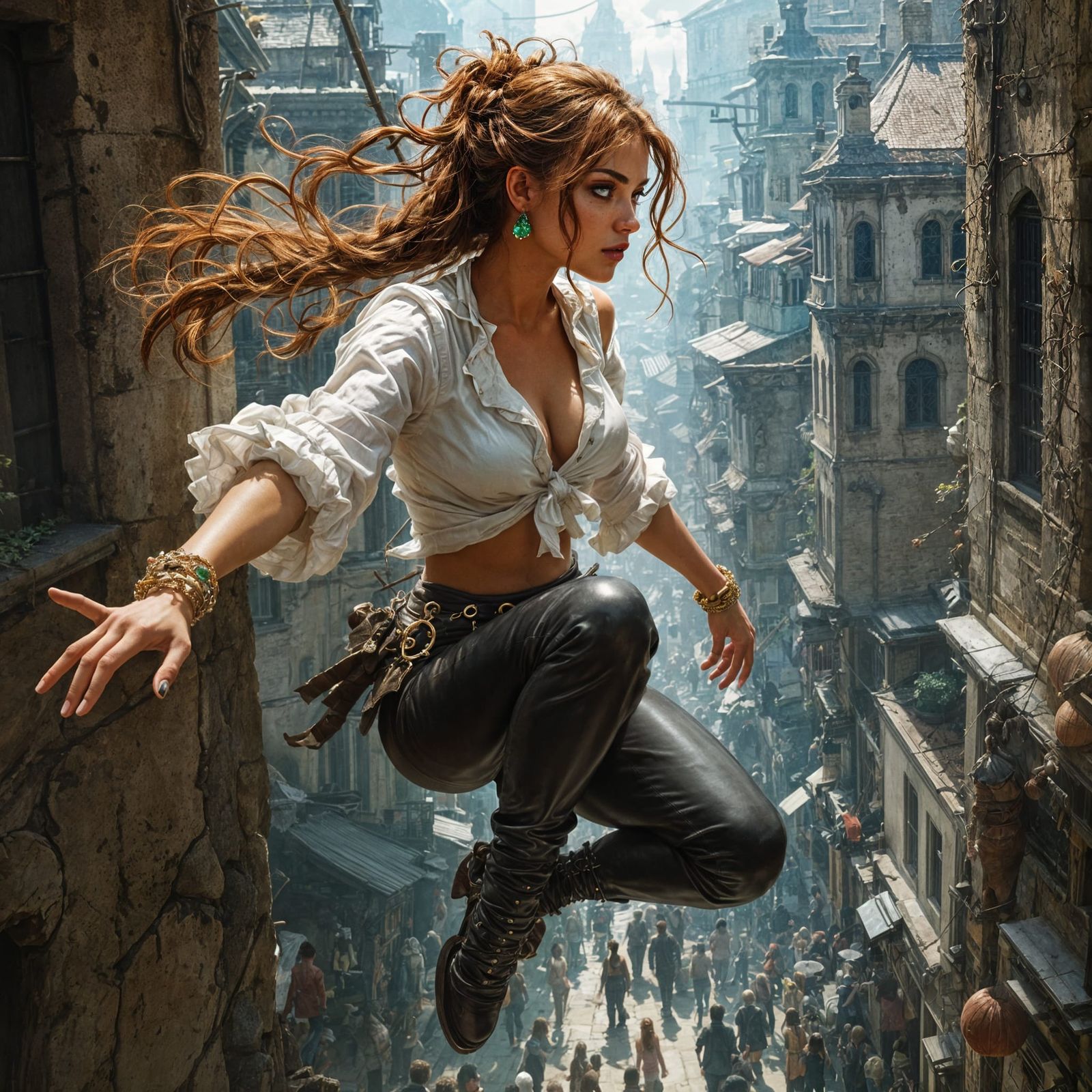 Female Thief Leaping Over Marketplace Rooftops
