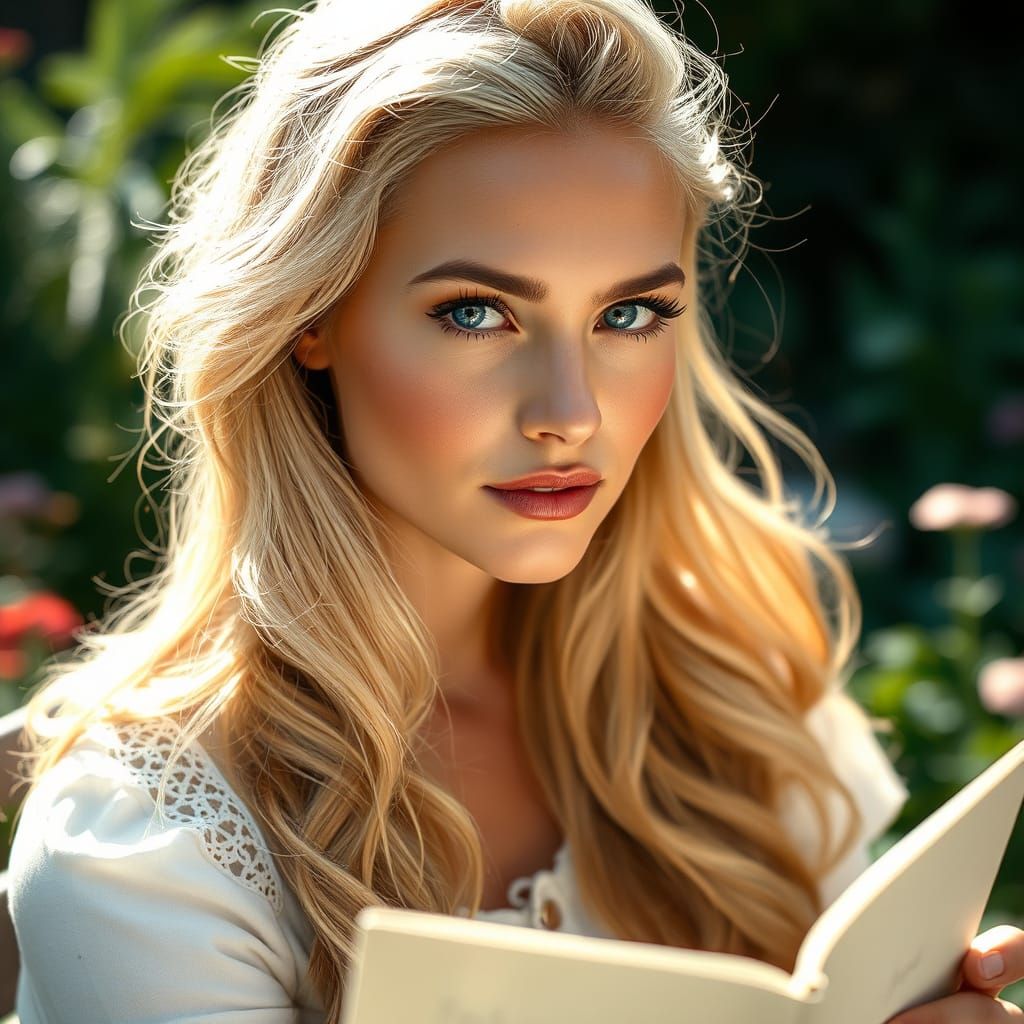 Blonde Woman Sketching in Sun-Drenched Garden