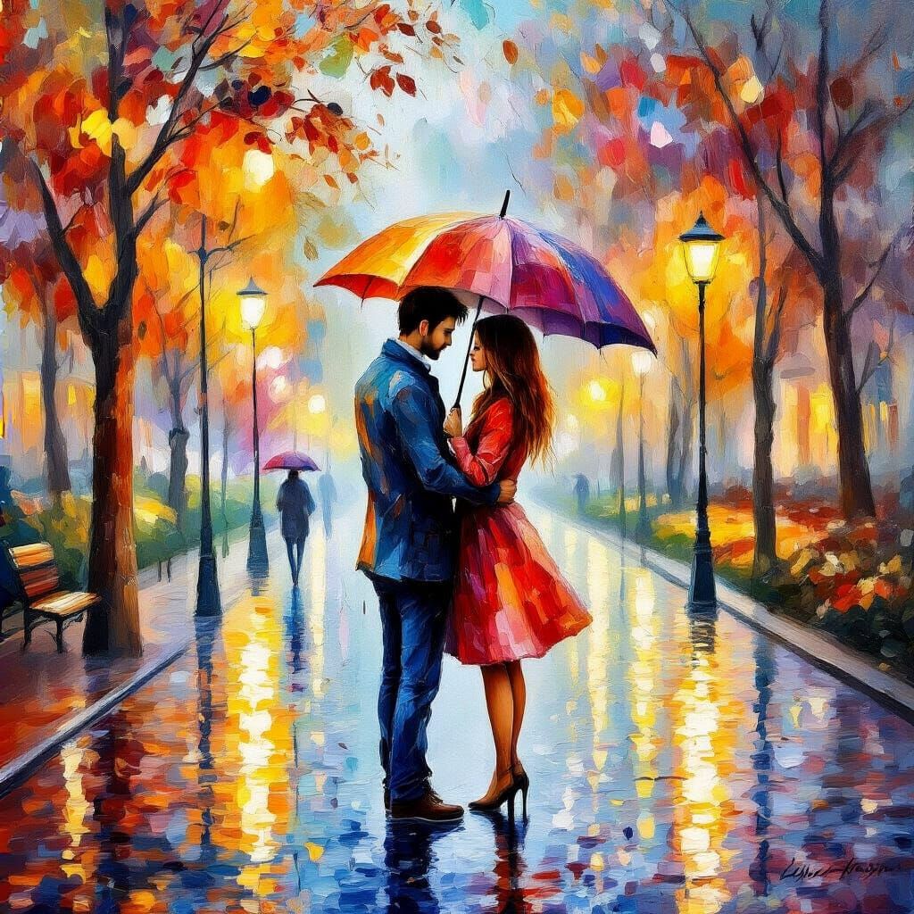 Impressionist Couple Under Umbrella in Rainy Park