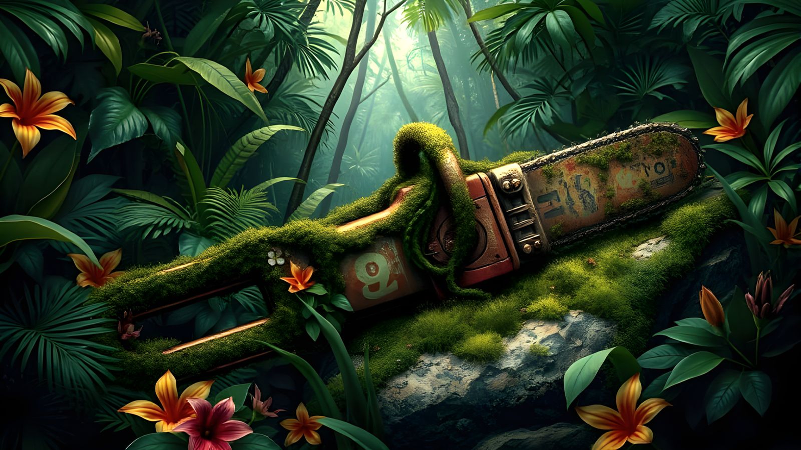 Surreal Rainforest Sanctuary Overgrown with Vines and Foliag...