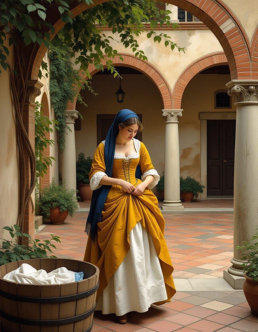 19th Century Italian Woman in Courtyard: Hyperrealistic Styl...