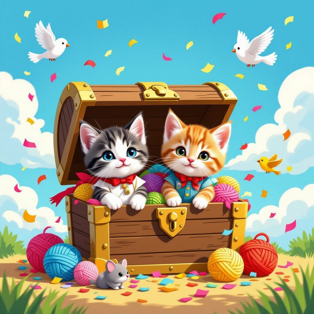 Kittens Discover Yarn Treasure, Playful Cartoon Style