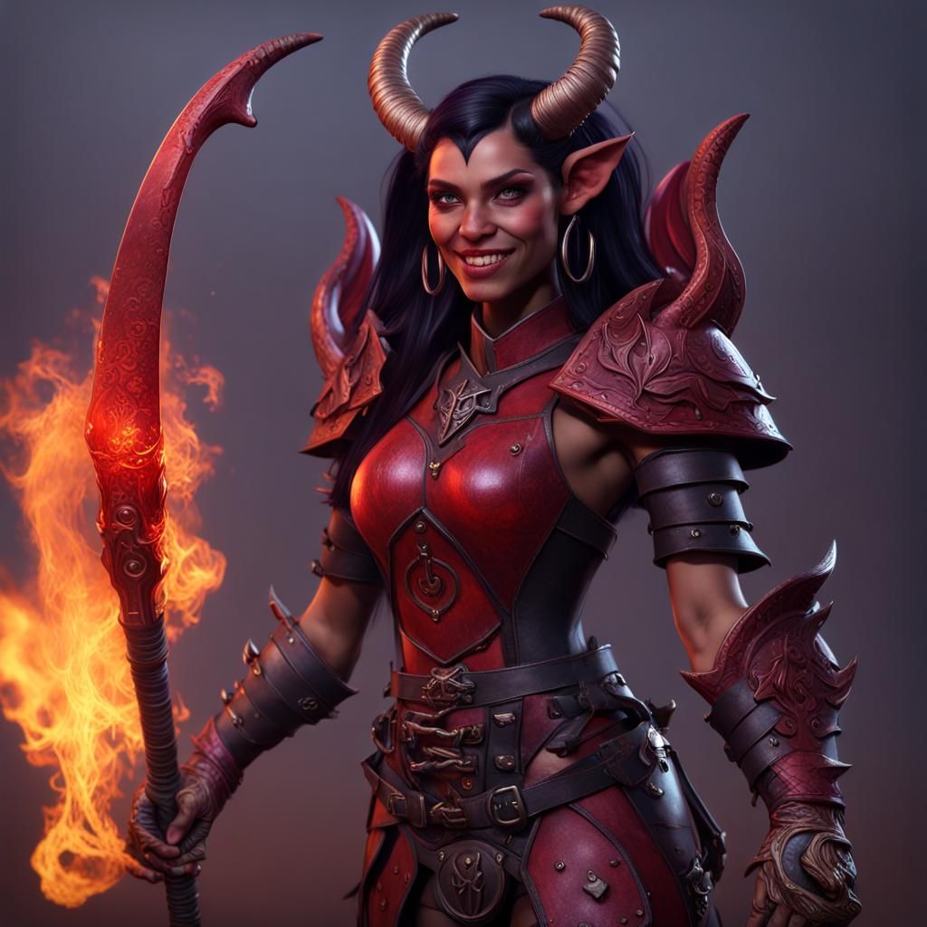 Fiery Red Demon with Black Horns and Magic