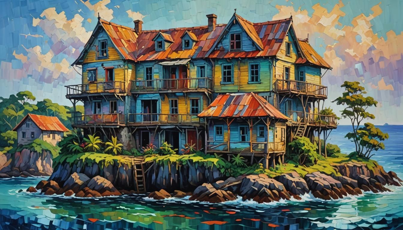 Island House: Expressionist Impasto Acrylic Painting