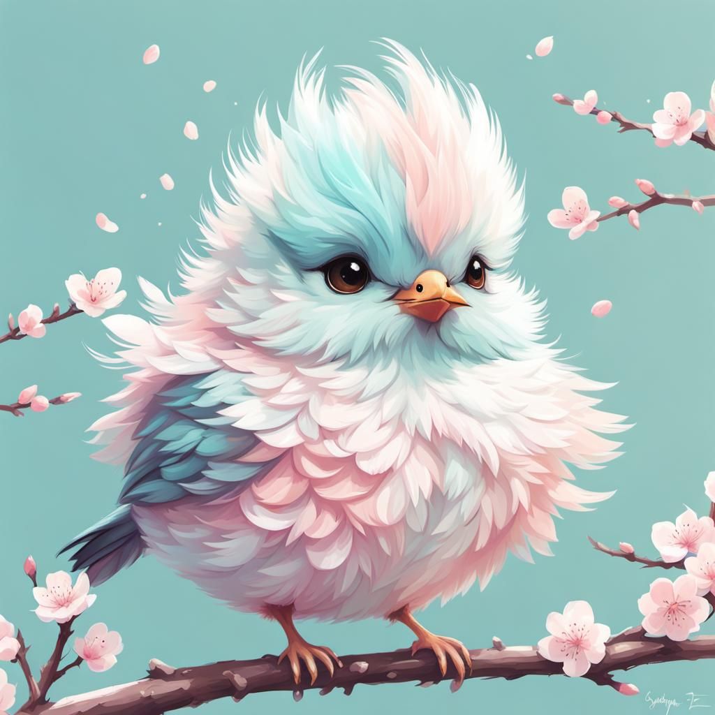 Pastel Bird Among Cherry Blossoms: Digital Art