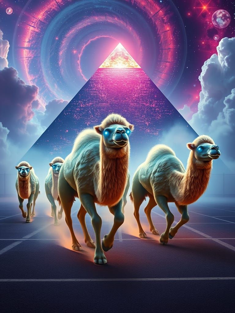 Neon Camels Race in Cosmic Parking Lot