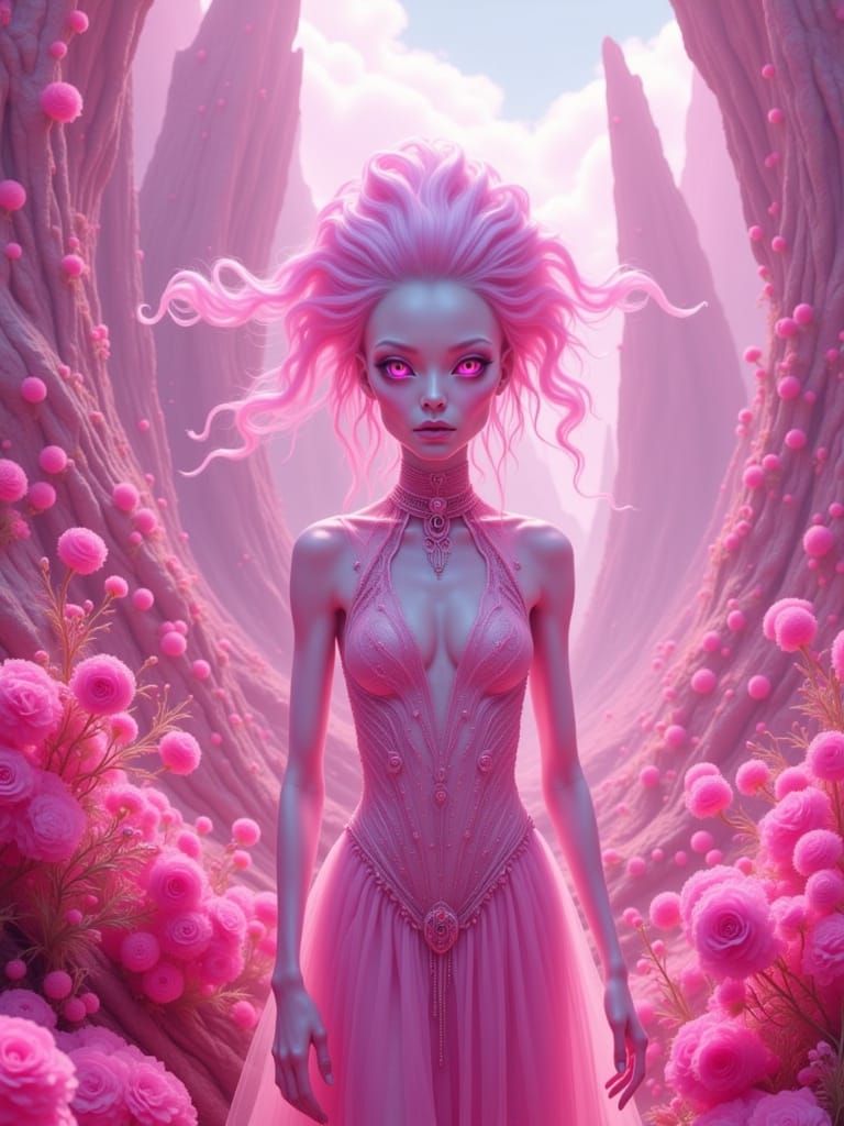 Alien Woman in Pink Flora Amidst Cosmic Mountains