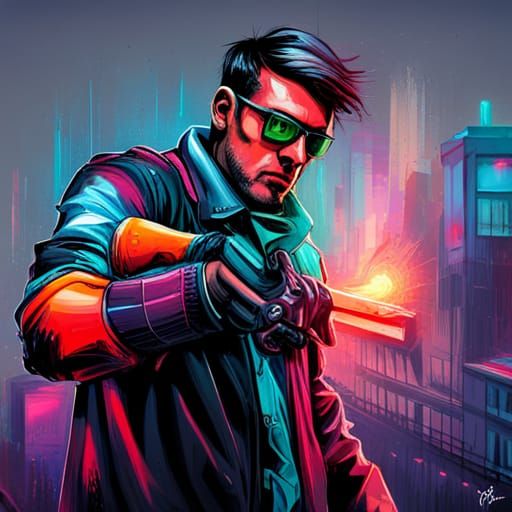 Cyberpunk Operative with Blade, Graffiti Art Style