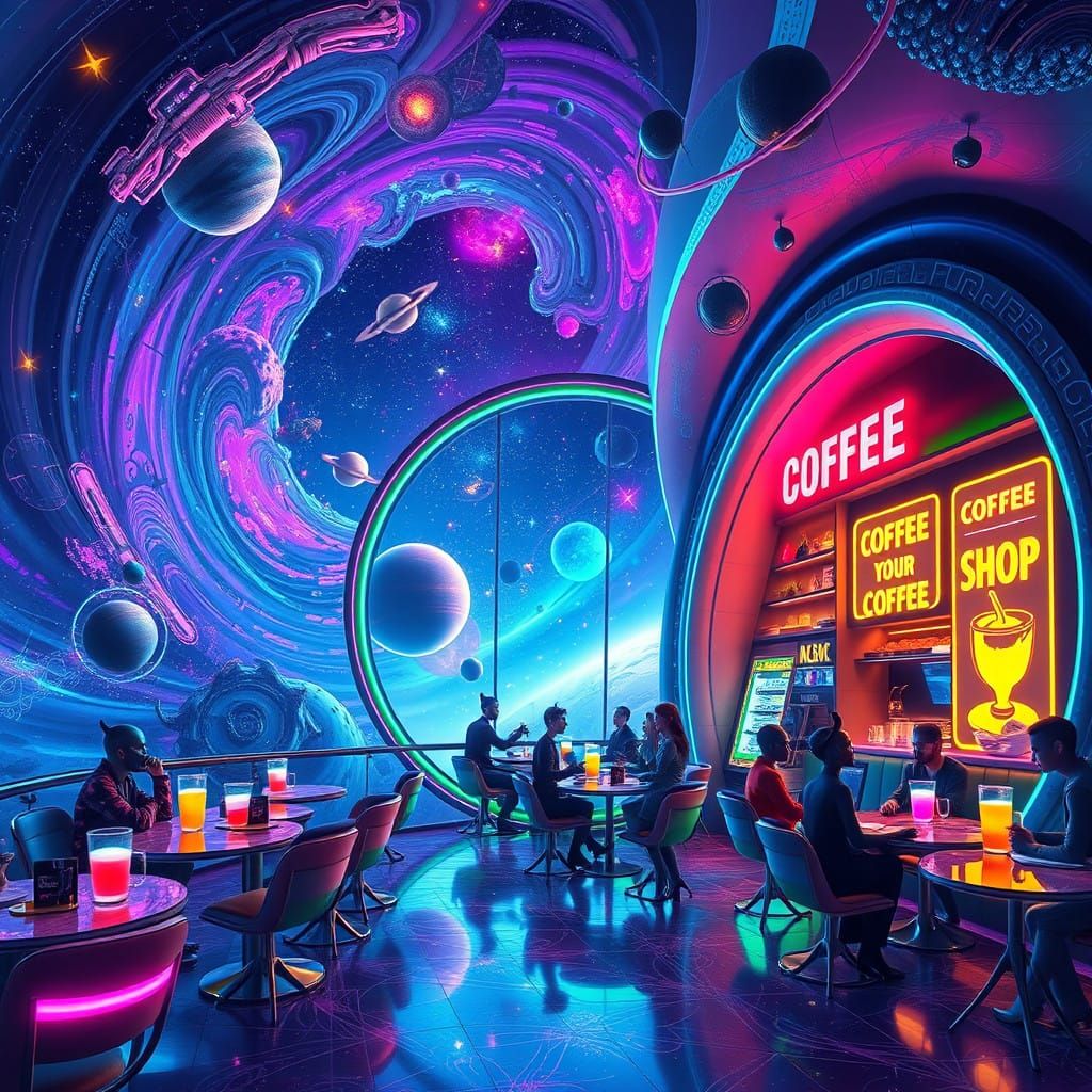 Futuristic Cosmic Coffee Shop Amidst Deep Space