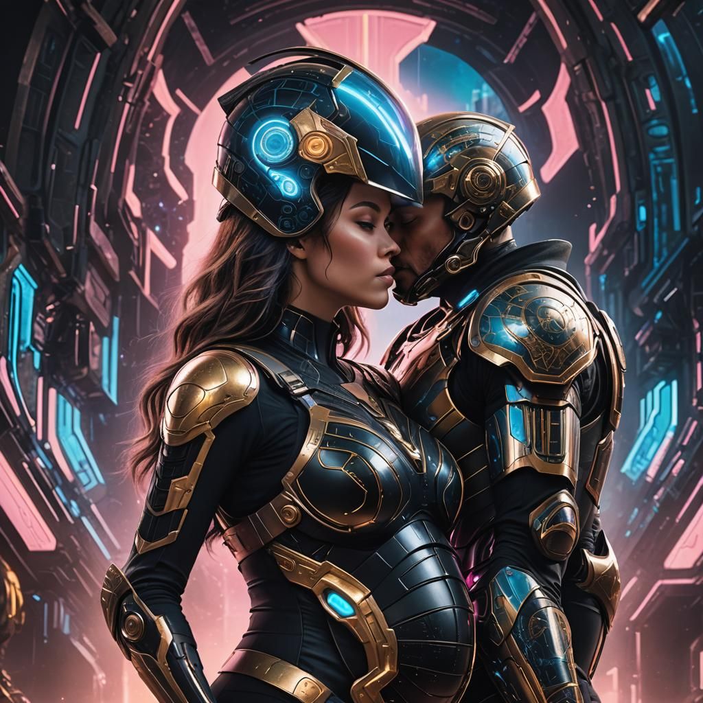 Pregnant Woman Kissing Armored Man: Fantasy Concept Art