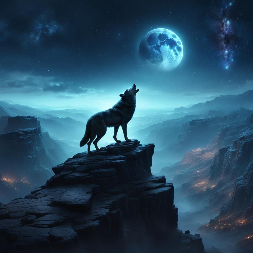 Wolf Howling at Starry Night Sky, Detailed Matte Painting