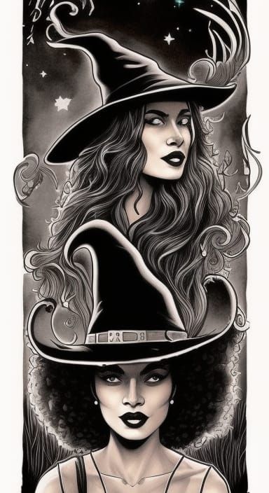 Dark-Skinned Witch with Crow in Comic Book Style