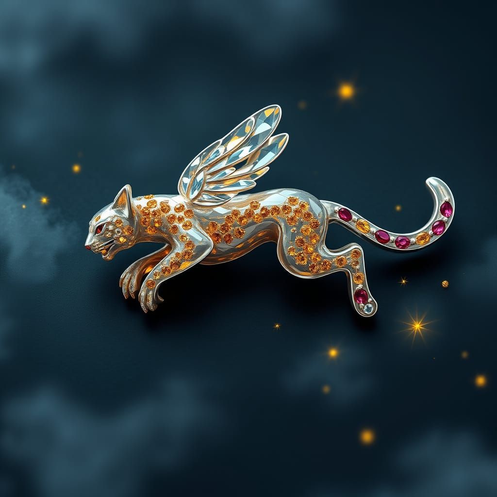 Lynx Brooch with Molten Silver and Crystal Details