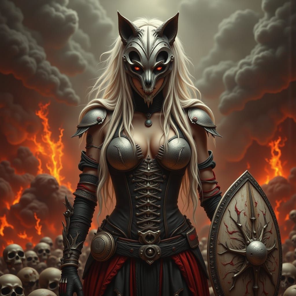 Warrior Woman in Wolf Skull Helm in Fiery Battle Stance
