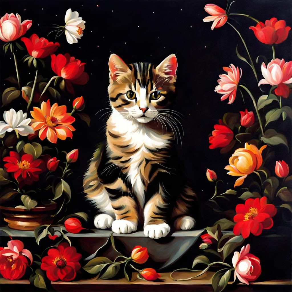 Cute Cat Surrounded by Flowers in Baroque Style