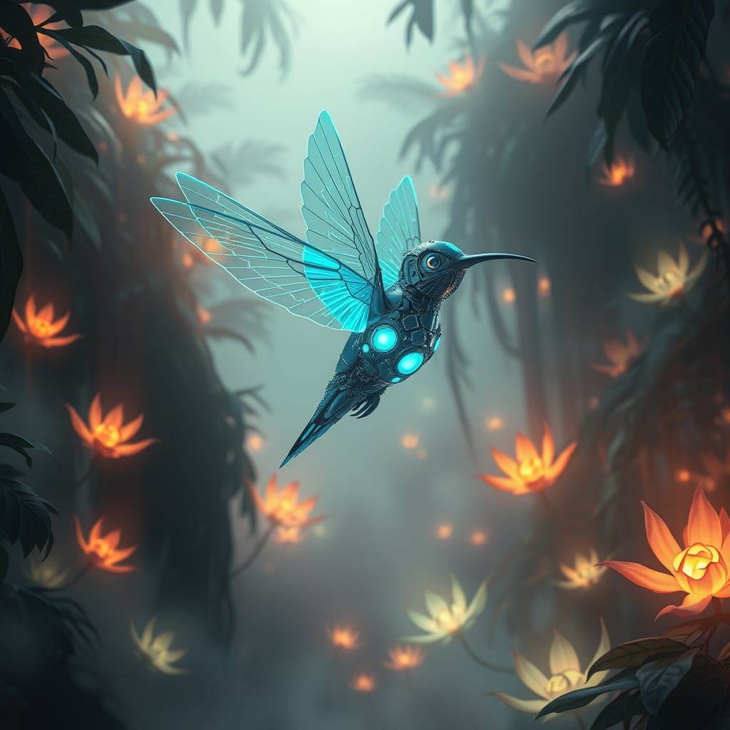 Bioluminescent Mechanical Hummingbird in Alien Jungle