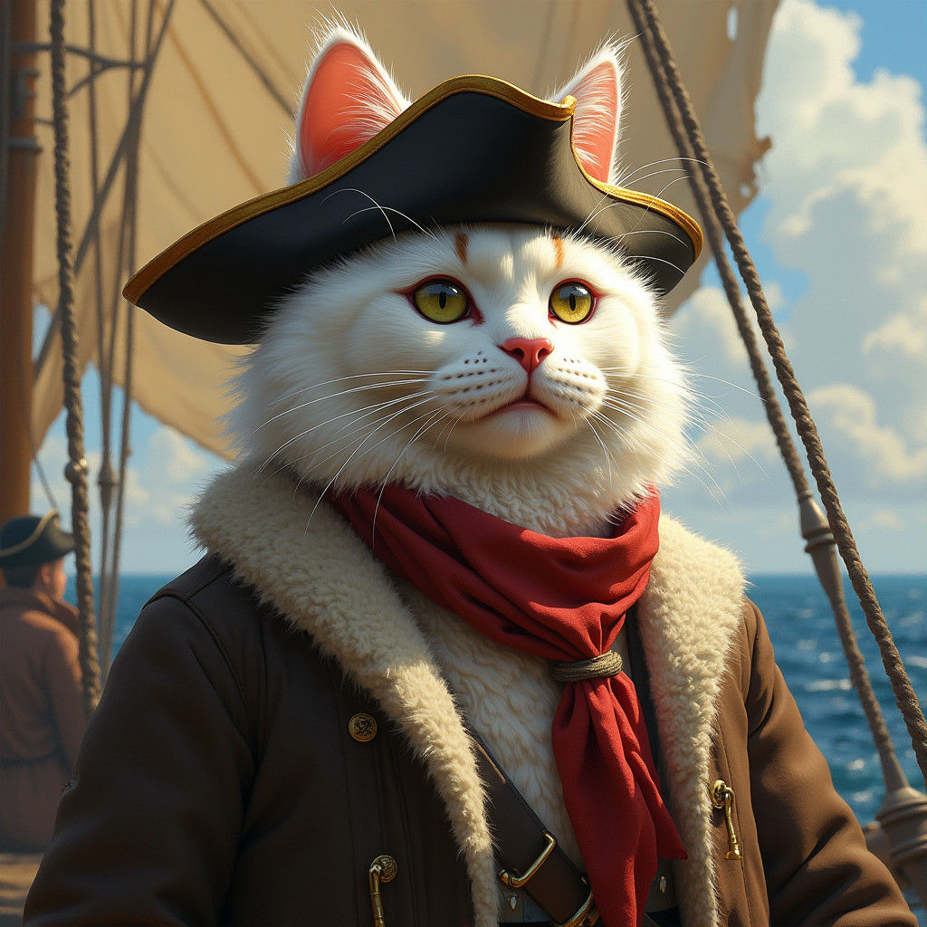 Pirate Cat on the Open Sea: Folk Art Seascape