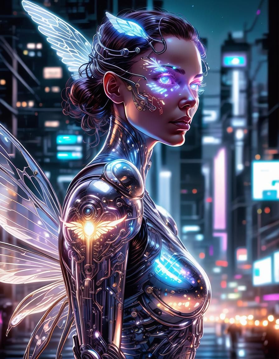 Holographic Cyborg Fairy with Metallic Wings