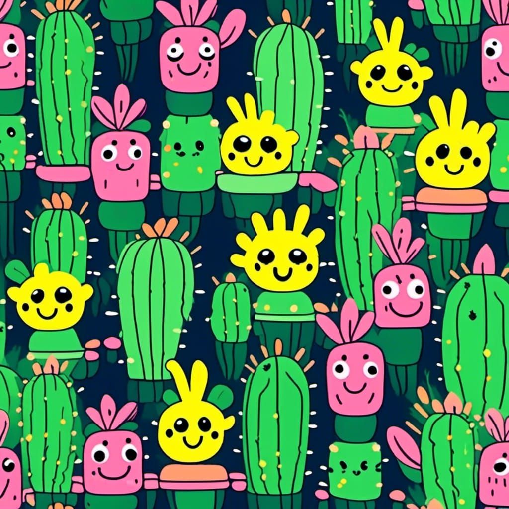 Cute Cartoon Cactus with Pink Bloom in Digital Art
