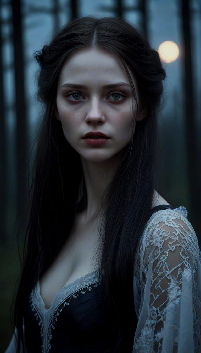 Mysterious Female Figure in Moonlit Finnish Mythology Scene