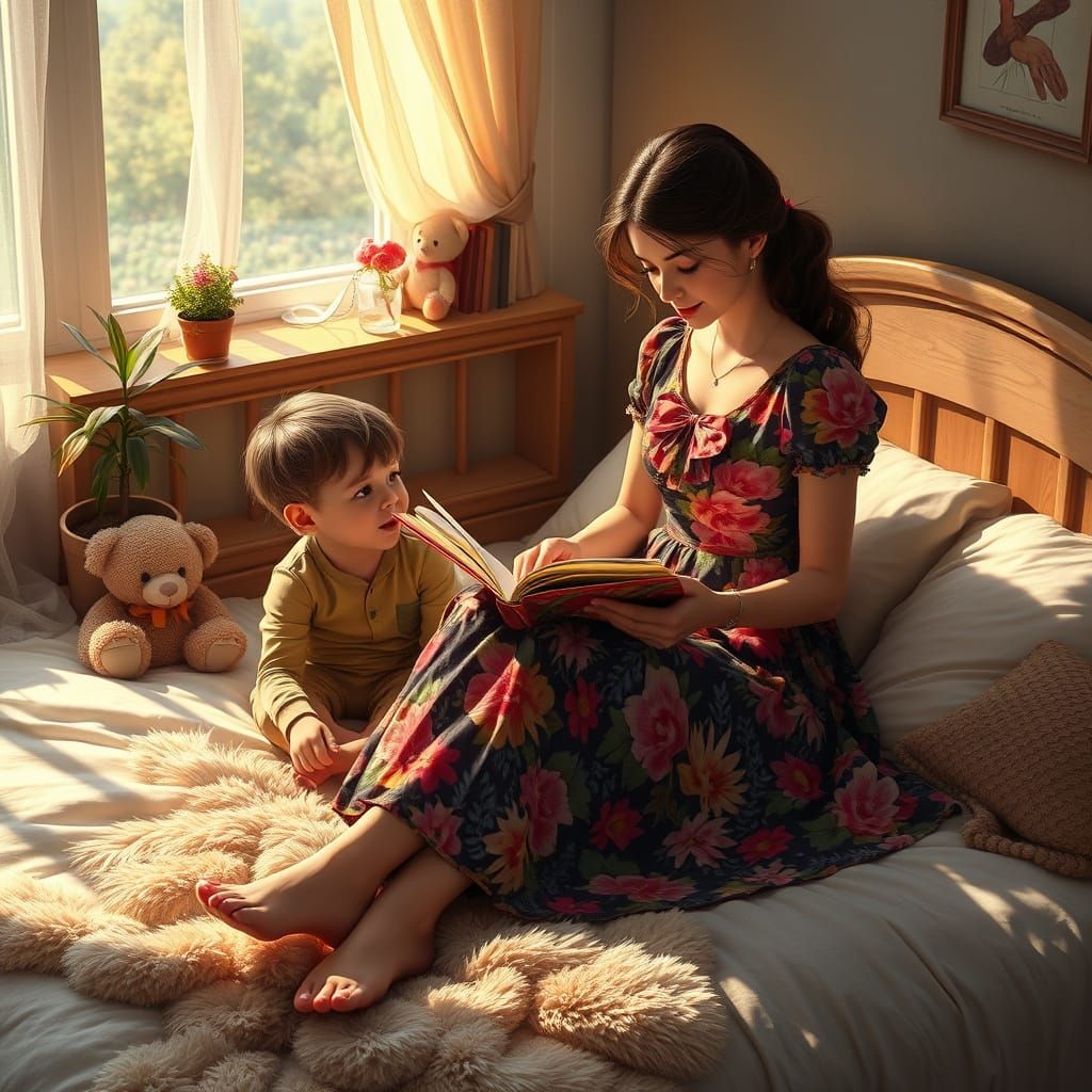 Mother Reads to Child in Cozy Fantasy Scene