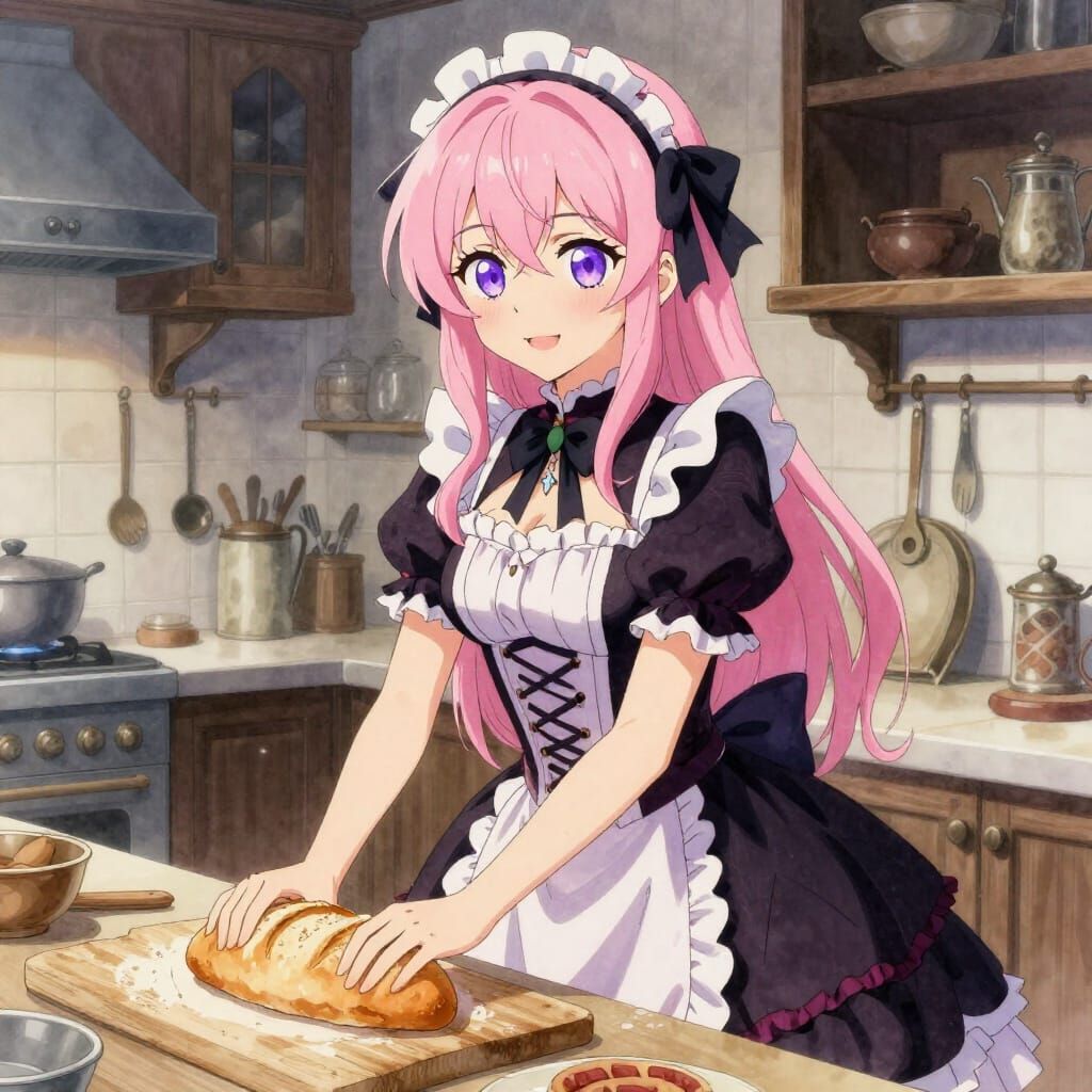 Gothic Anime Girl Making Bread in Watercolor Style