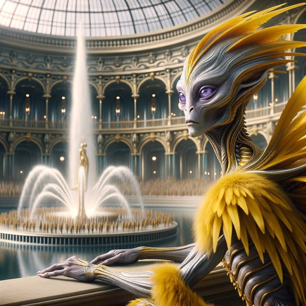 Alien Being Observes Fountain Spectacle in Sci-Fi Setting