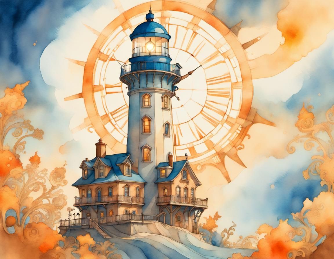 Baroque Lighthouse with Clockwork, Ghibli Watercolor Style