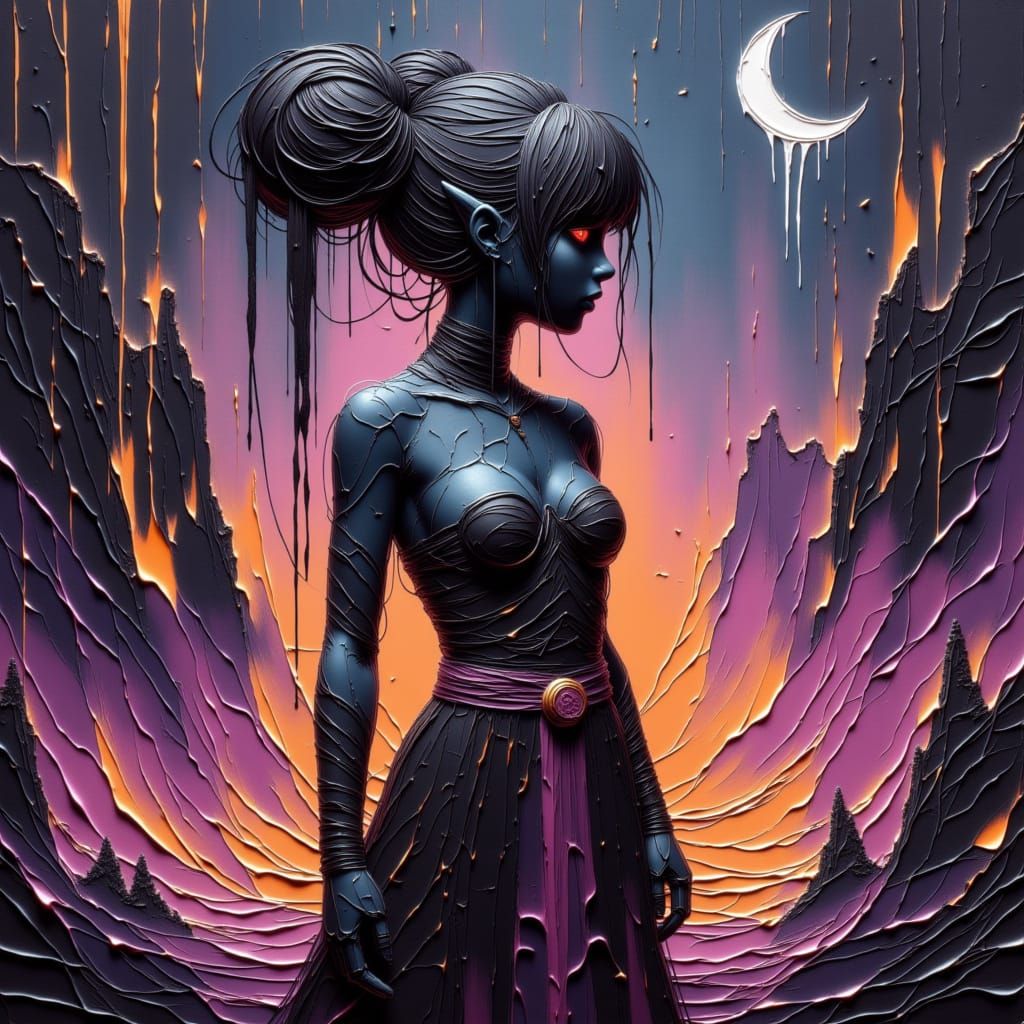 Demon Elf with Bioluminescent Tattoos in Cyberpunk Inferno