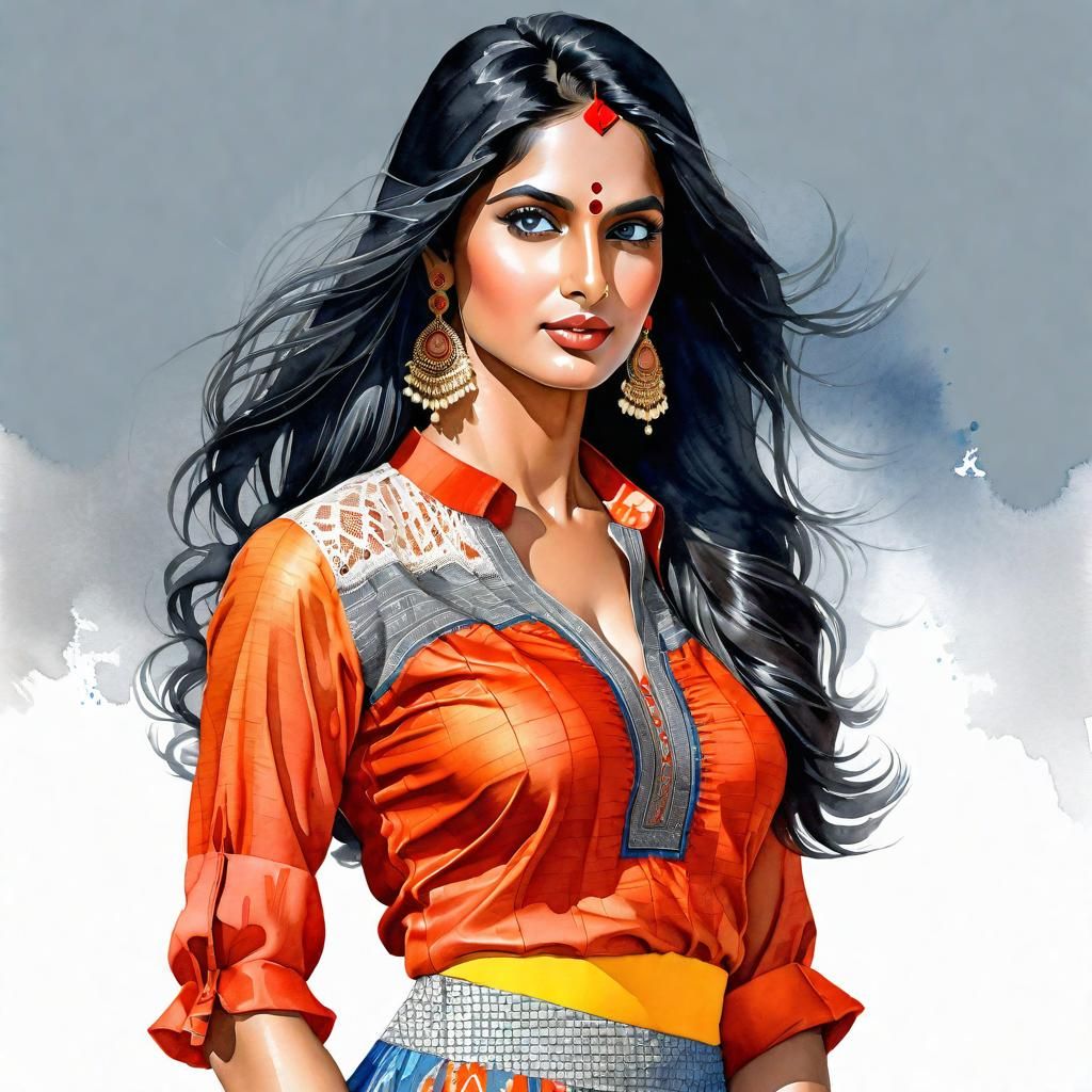 Beautiful Indian Woman Portrait in Watercolor Pencil Sketch