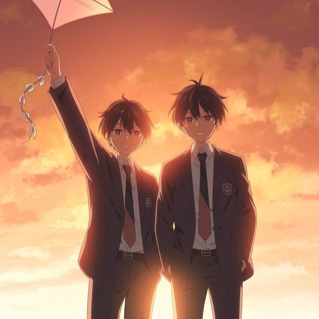 Anime Boys Silhouetted Against a Warm Sunset