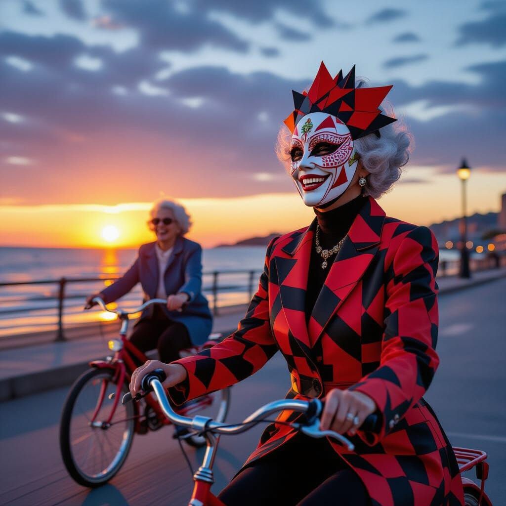 Avant-Garde Mask Portrait with Seaside Bicycle Scene