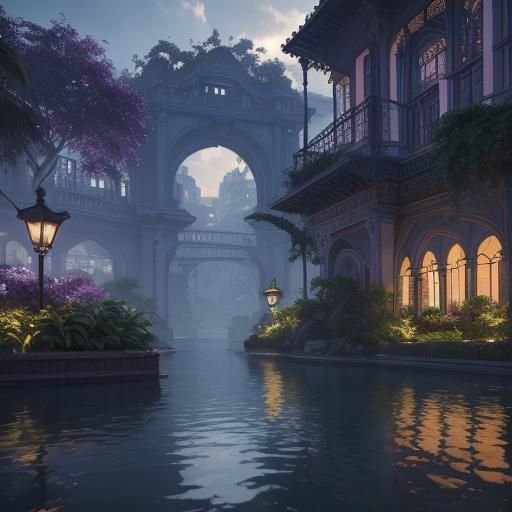Tropical Cityscape in Dreamlike Fantasy Style