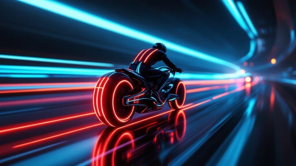 Cyberpunk Lightcycle Speeds Down Neon Road