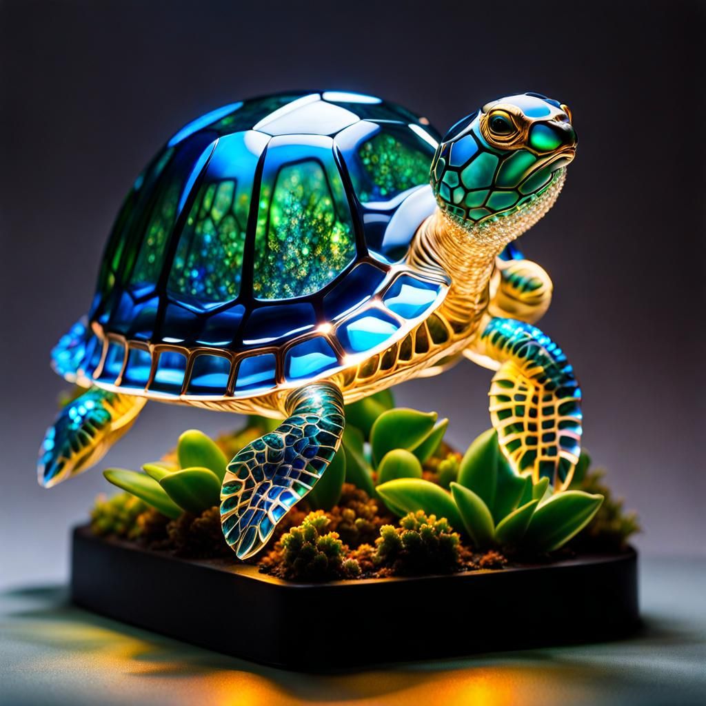 Bioluminescent Crystal Turtle Sculpture in a Fantasy Scene