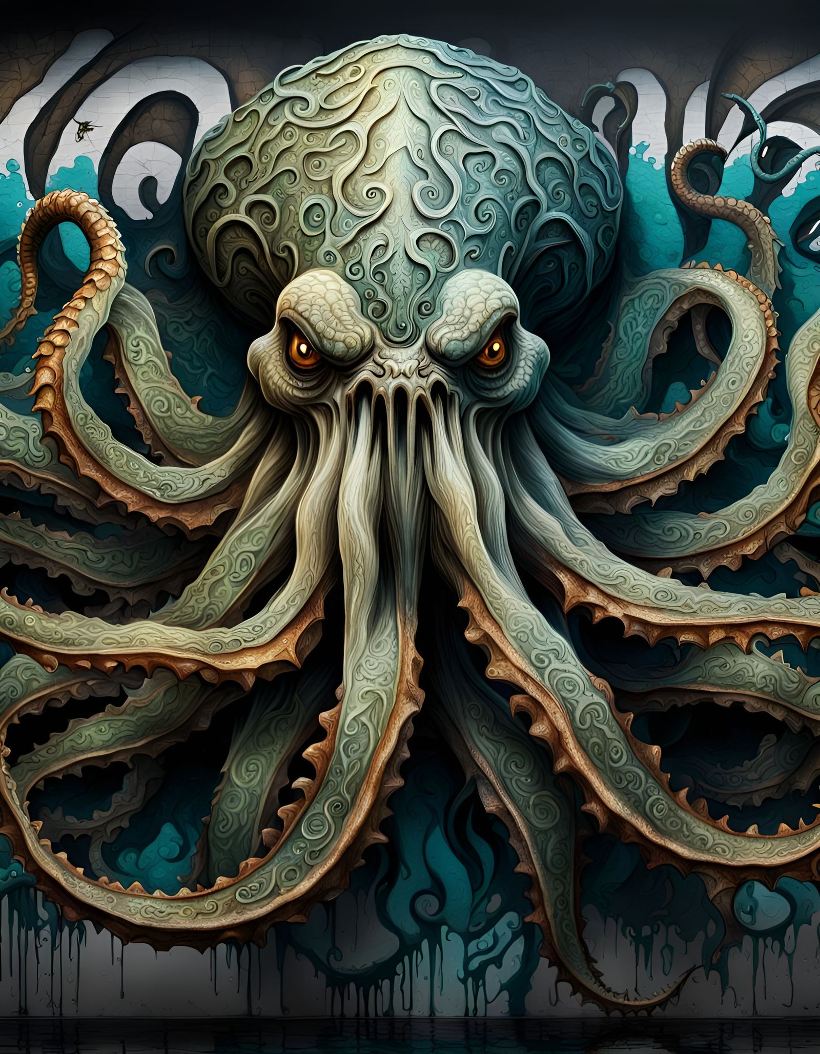 Terrifying Kraken with 1000 Legs in Graffiti Style