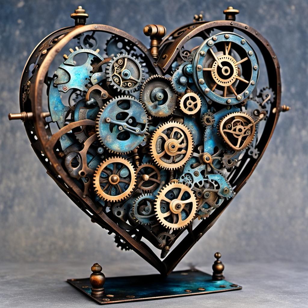 Steampunk Iron Heart Sculpture on Mystical Sky