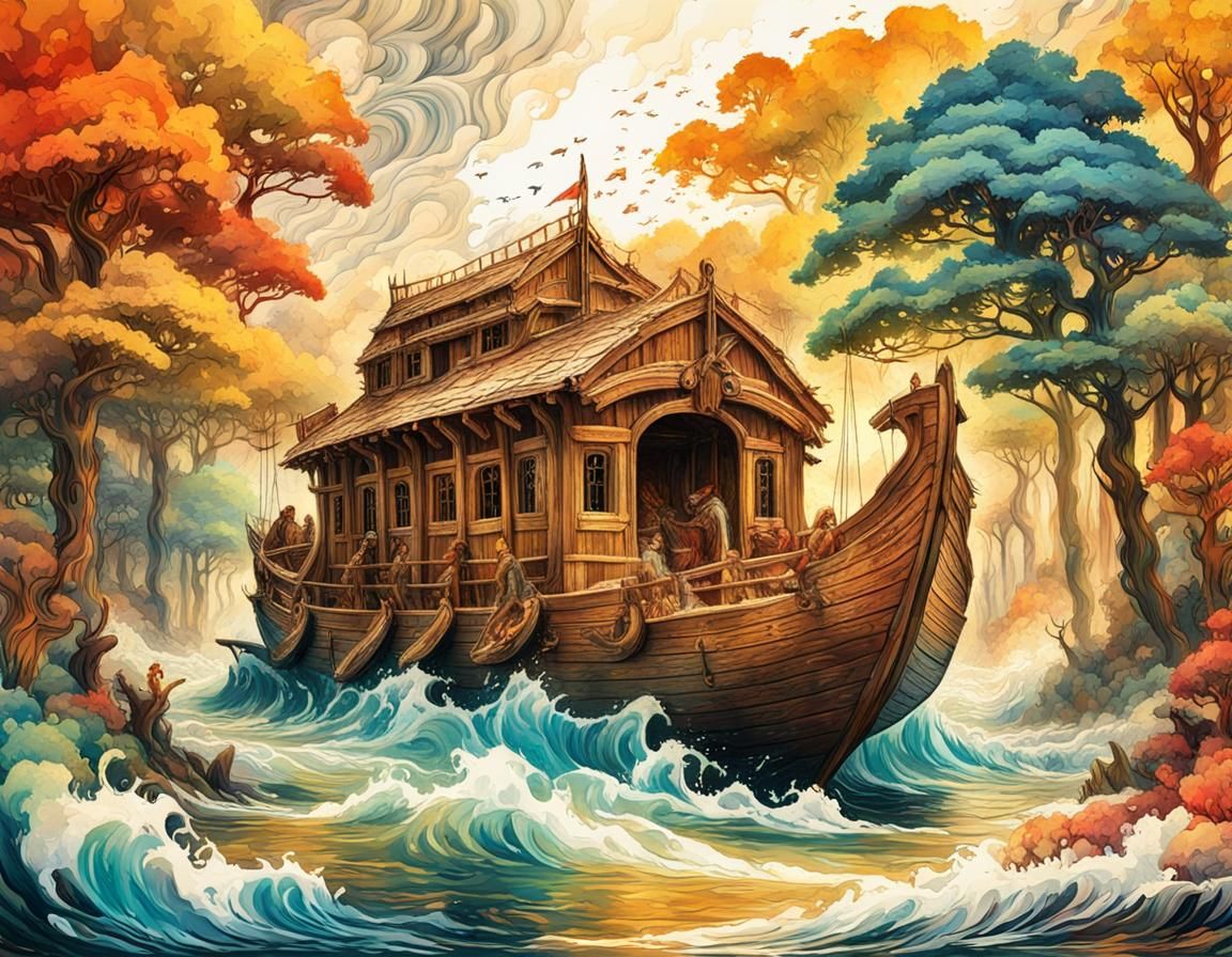 Epic Noah's Ark in Pre-Raphaelite Style