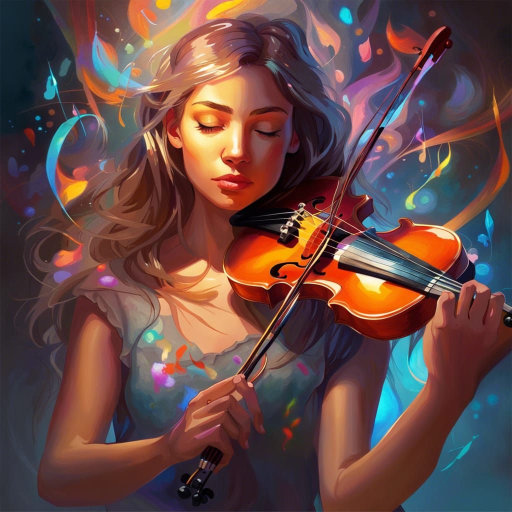 Ethereal Girl Playing Violin with Glowing Notes