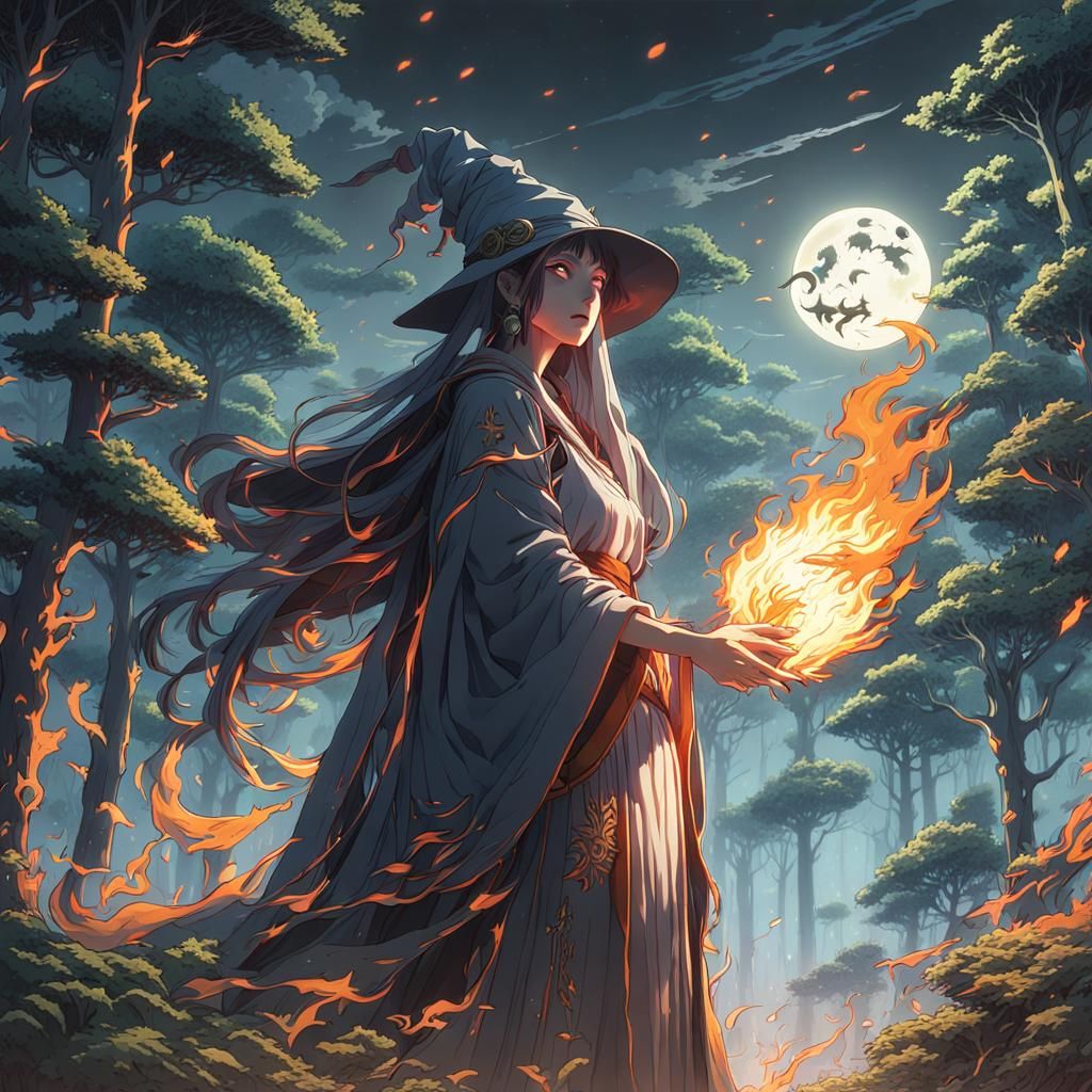 Psychotic Sorceress Burns Trees in Anime Style