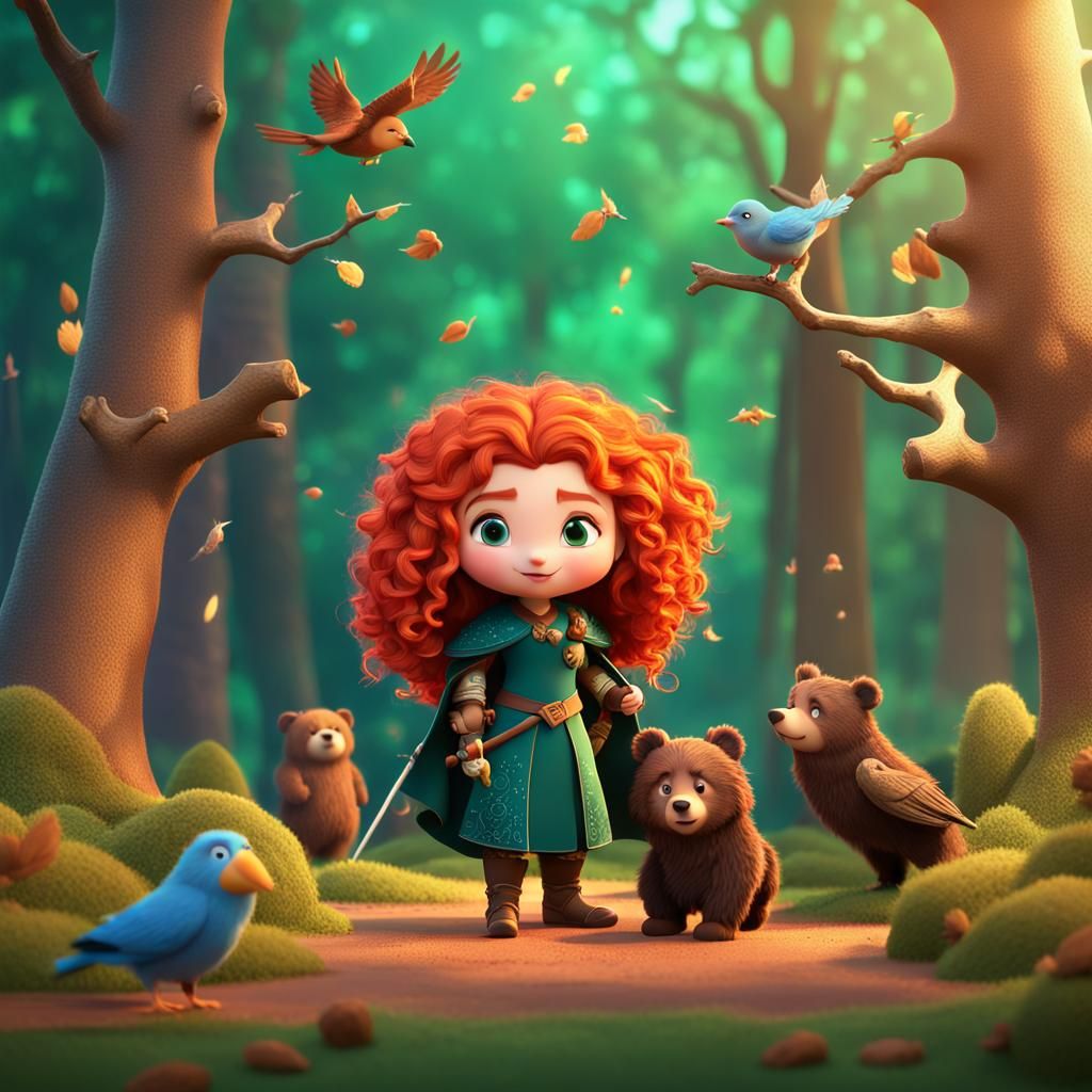 Chibi Merida with Forest Animals in 3D Style