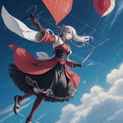 Anime Girl Flying Kite in Japanese Manga Style