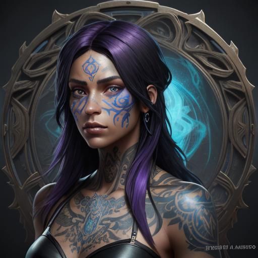 Latina Woman Portrait with Tattoos in Art Nouveau Style