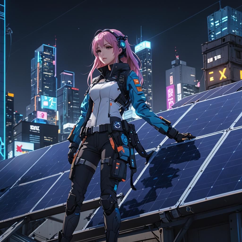 Anime Girls Installing Solar Panels in Cyberpunk Style