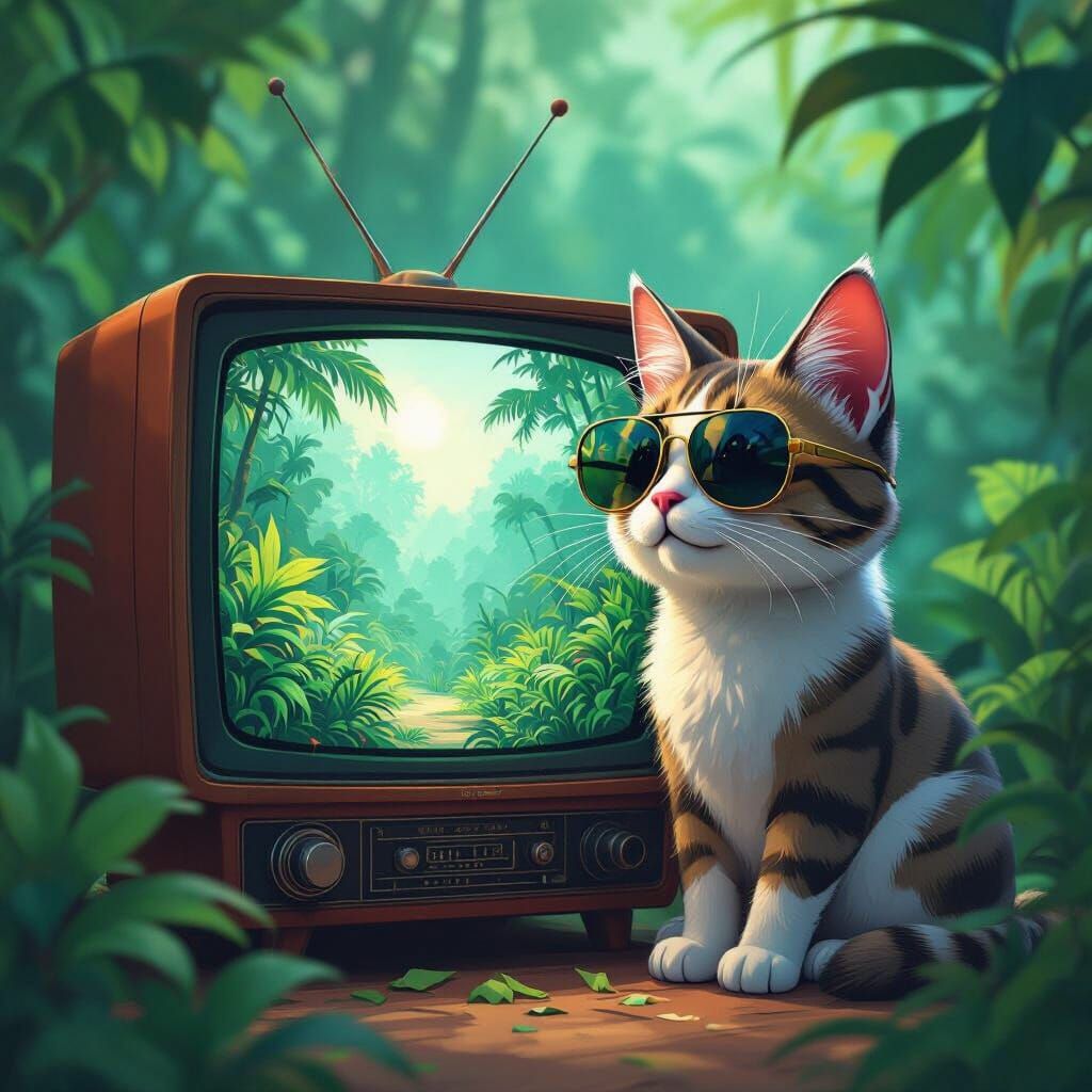 Cool Cat in Sunglasses Watches Jungle TV