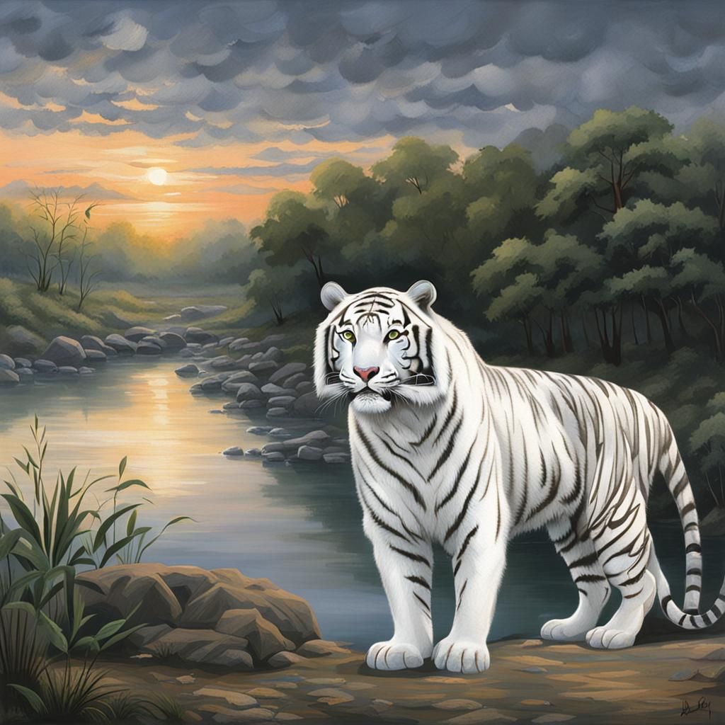 White Tiger by River at Dawn